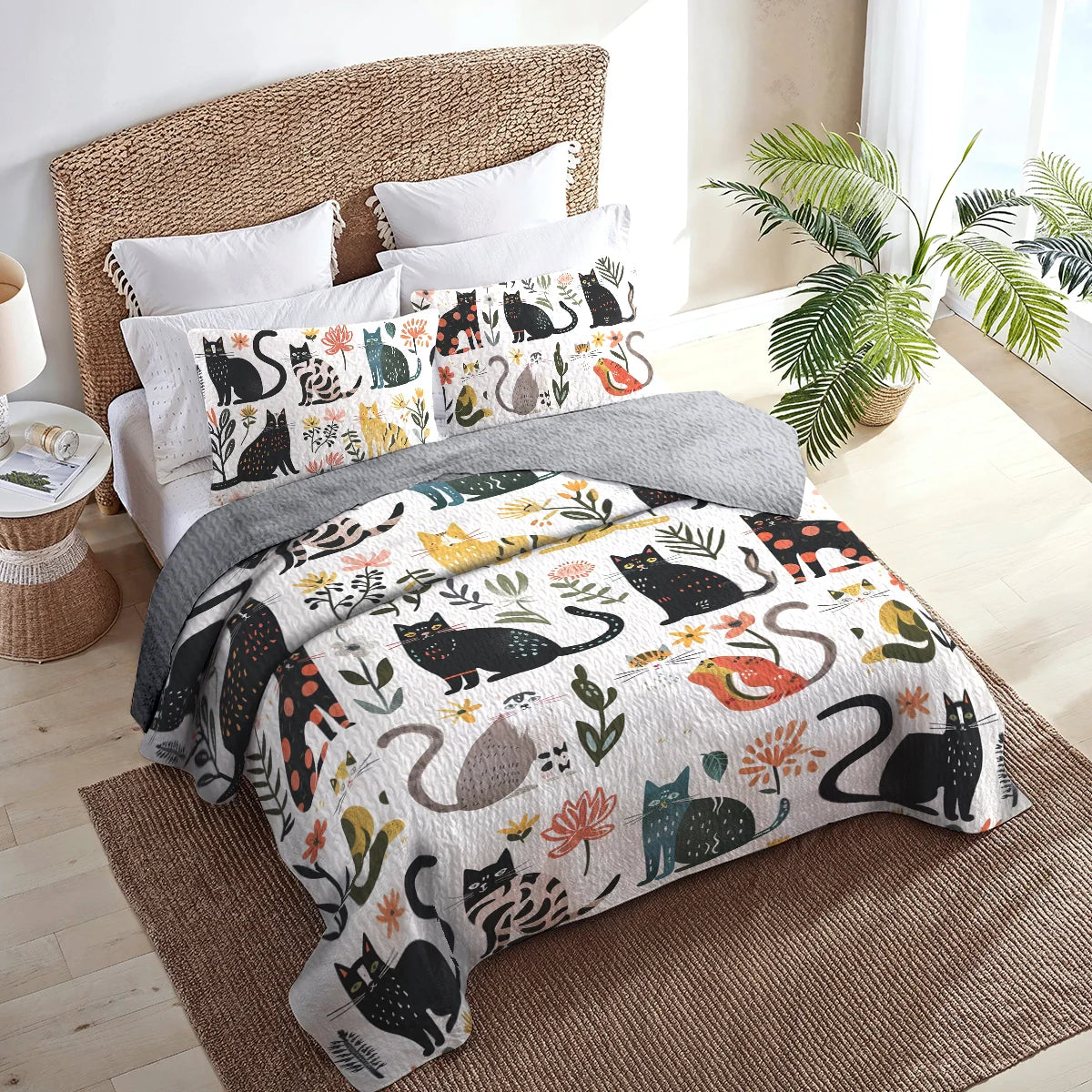Spheregoods All Season Quilt 3-Piece Set Mysterious Black Cat