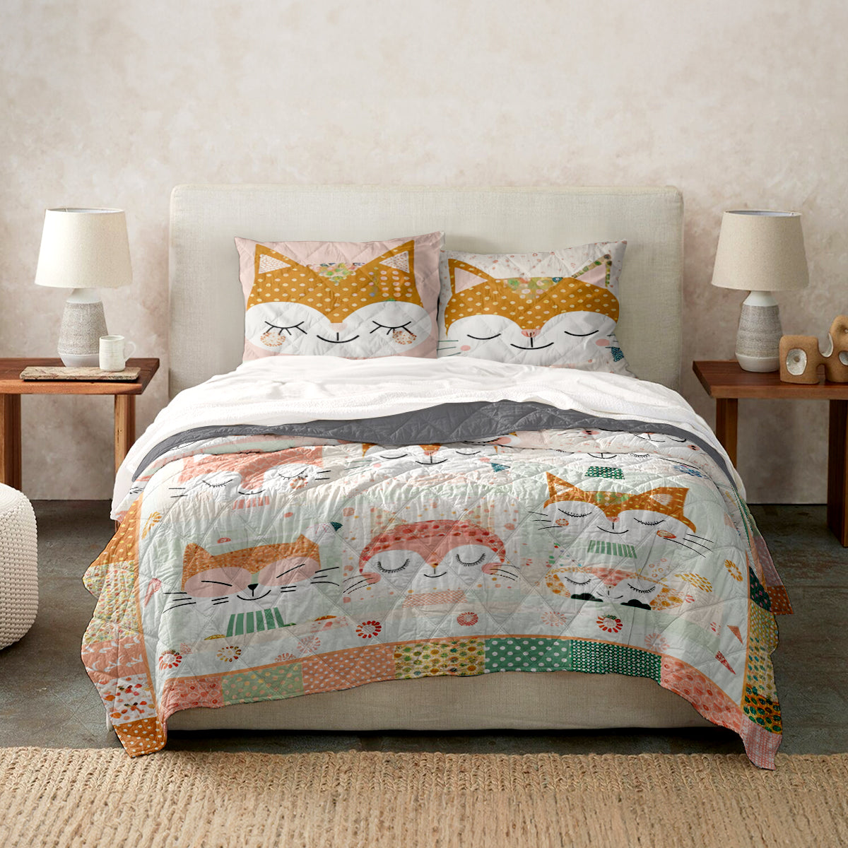 Spheregoods Quilt 3-Piece Set Cute Cat Cotton Fabric Pattern