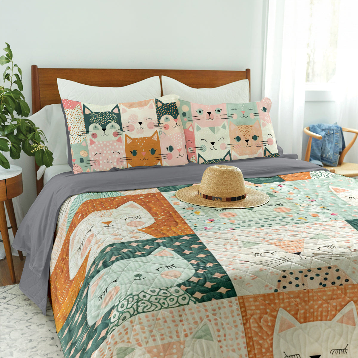 Spheregoods Quilt 3-Piece Set Happy Cat Cotton Fabric Pattern