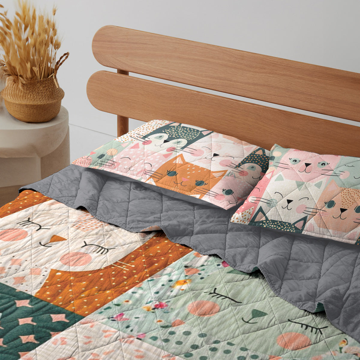 Spheregoods Quilt 3-Piece Set Happy Cat Cotton Fabric Pattern