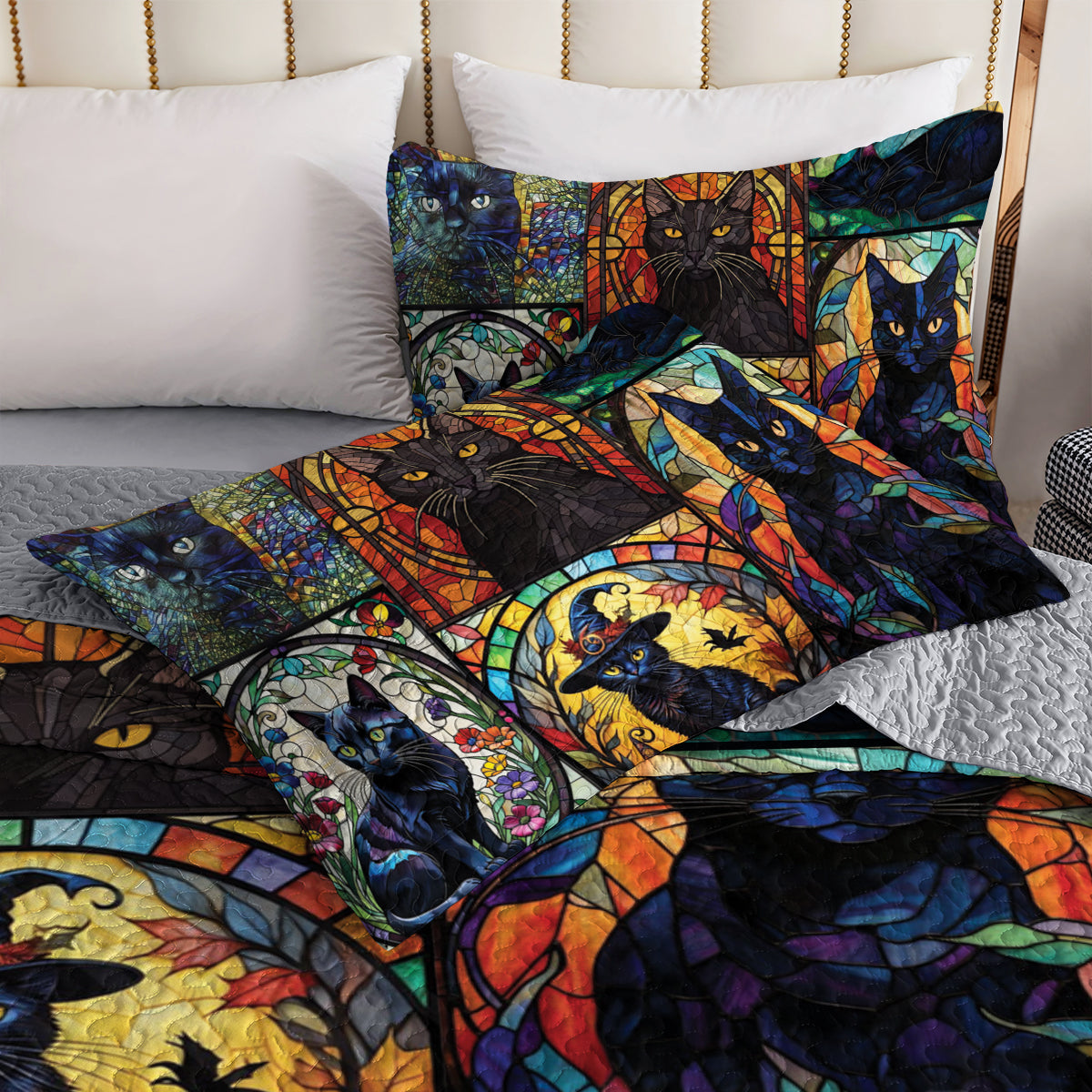 Spheregoods All Season Quilt 3-Piece Set Mysterious Black Cat
