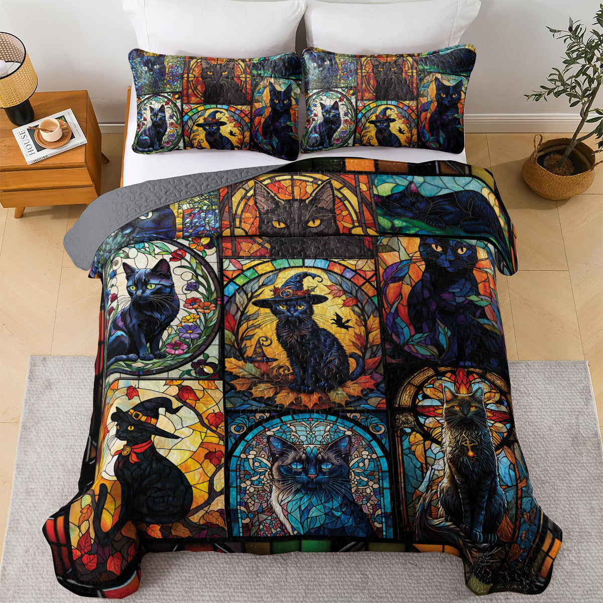 Spheregoods All Season Quilt 3-Piece Set Mysterious Black Cat