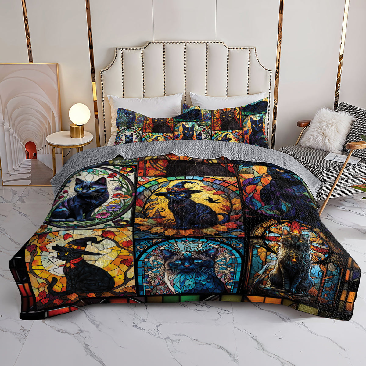 Spheregoods All Season Quilt 3-Piece Set Mysterious Black Cat
