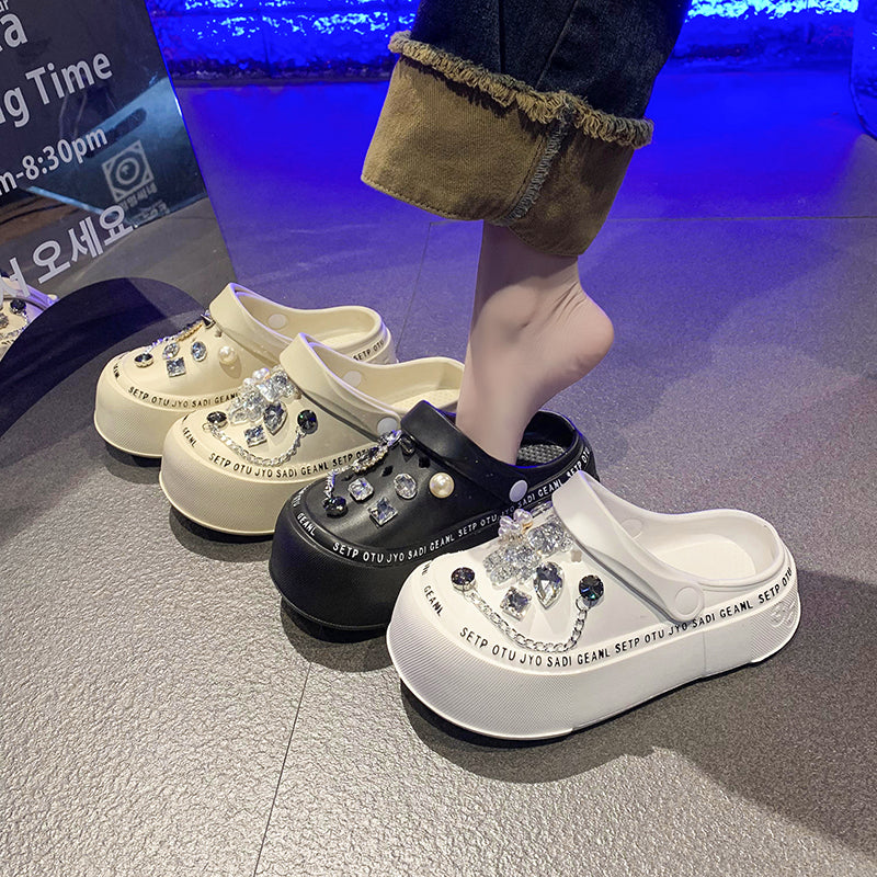 Cartoon Home Two-Way Wear Thick Sole Non Slip Slippers Rhinestone