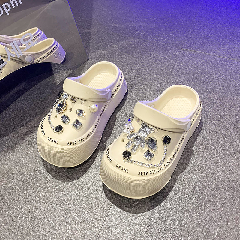Cartoon Home Two-Way Wear Thick Sole Non Slip Slippers Rhinestone