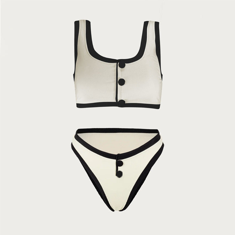 Black & White High-Grade Split Swimsuit – Elegant Button Detail