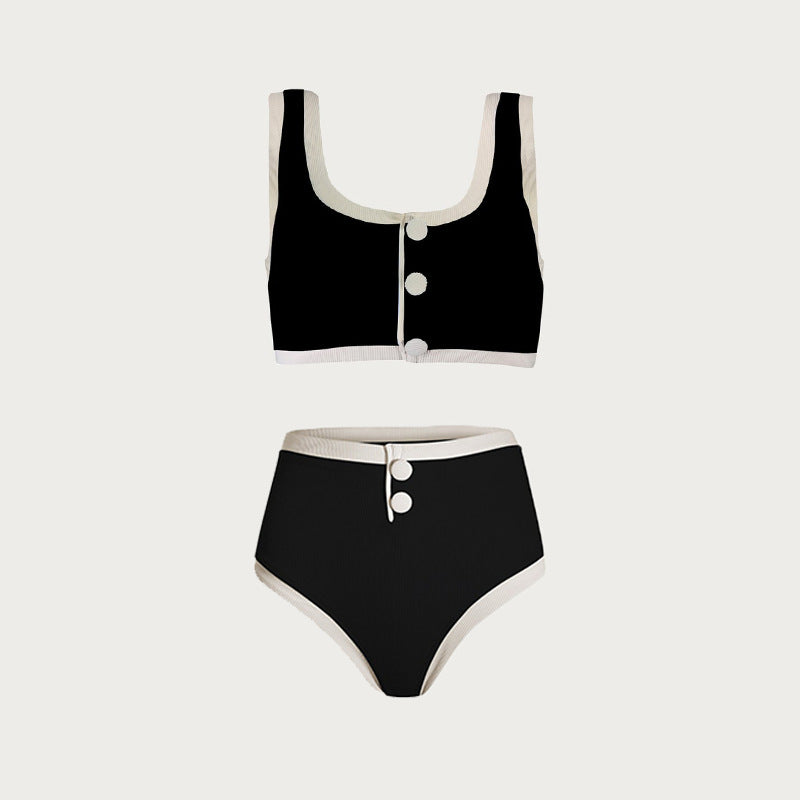 Black & White High-Grade Split Swimsuit – Elegant Button Detail