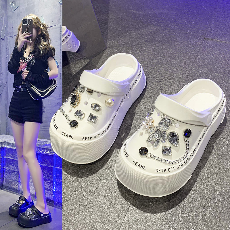 Cartoon Home Two-Way Wear Thick Sole Non Slip Slippers Rhinestone