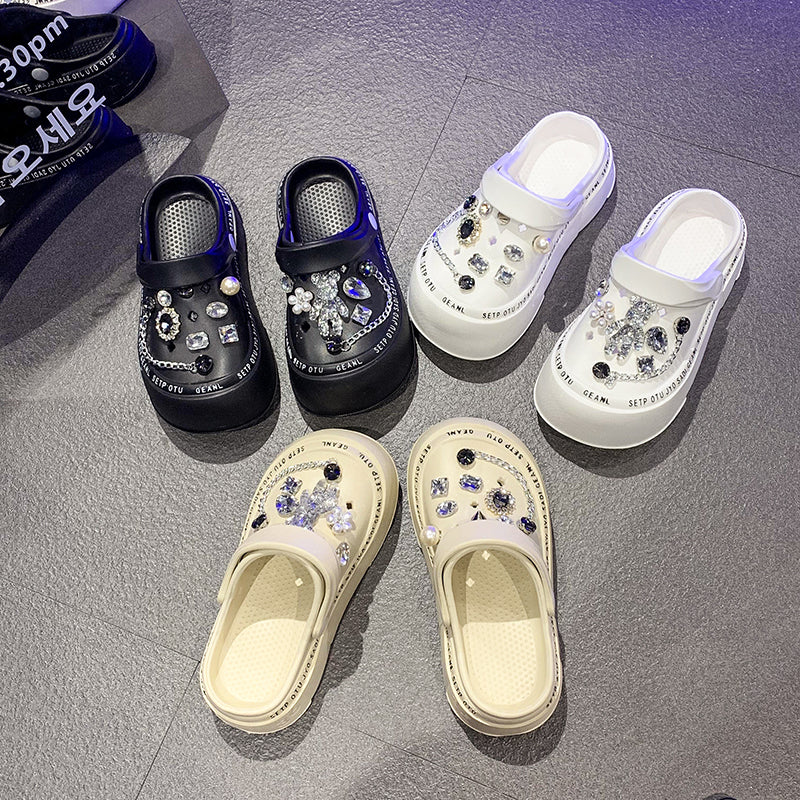 Cartoon Home Two-Way Wear Thick Sole Non Slip Slippers Rhinestone