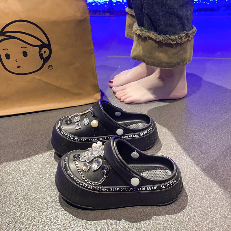 Cartoon Home Two-Way Wear Thick Sole Non Slip Slippers Rhinestone