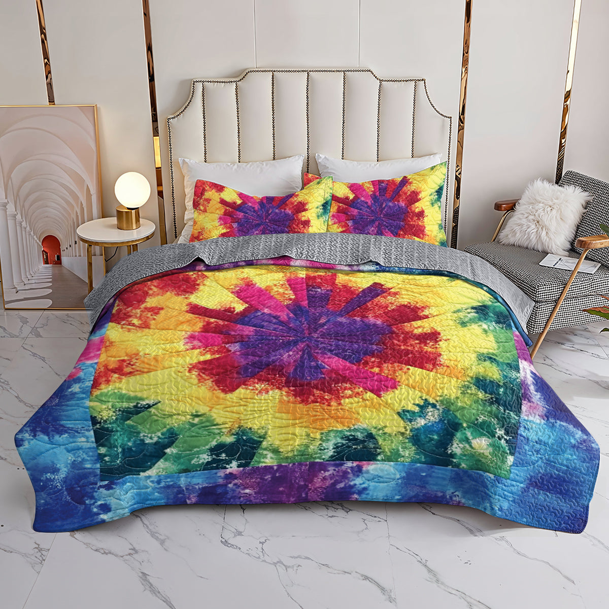 Spheregoods All Season Quilt 3-Piece Set Rainbow fabric pattern