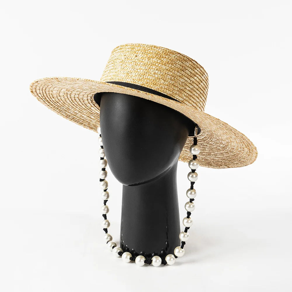 SphereGoods Pearl Tie Wide Brim Straw Fedora Hat