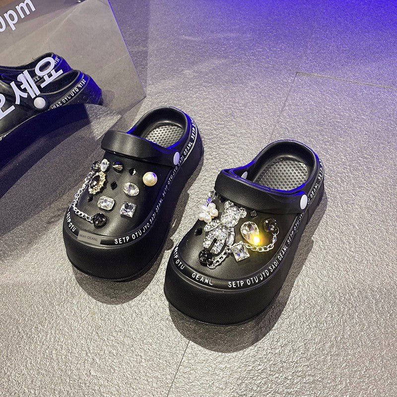 Cartoon Home Two-Way Wear Thick Sole Non Slip Slippers Rhinestone