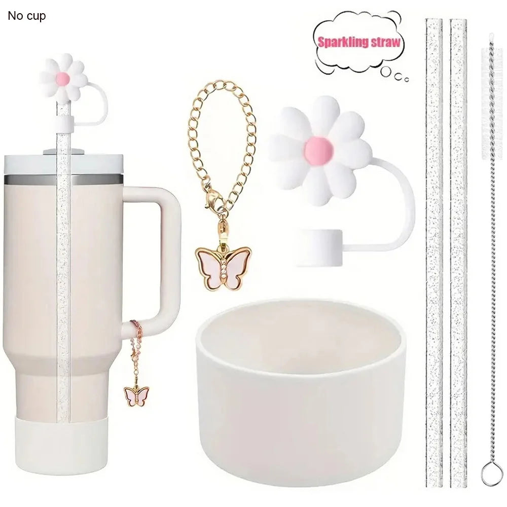 6PCS Stanley Tumbler Accessories – Bow Straw Covers, Sparkling Straw, Boot & Charms