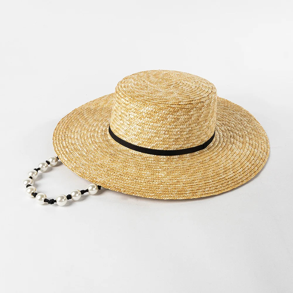 SphereGoods Pearl Tie Wide Brim Straw Fedora Hat
