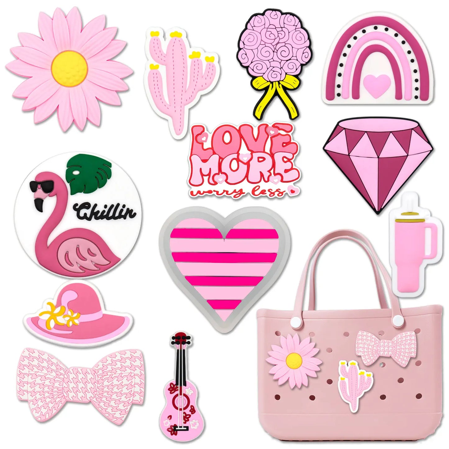1/12PCS Pink Charms – Cactus, Flower, Flamingo & Bow for Beach Bags