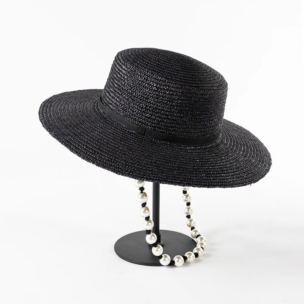 SphereGoods Pearl Tie Wide Brim Straw Fedora Hat