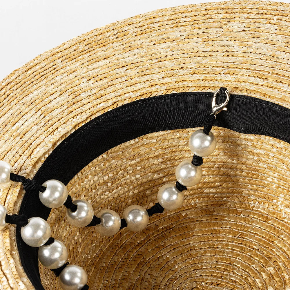 SphereGoods Pearl Tie Wide Brim Straw Fedora Hat