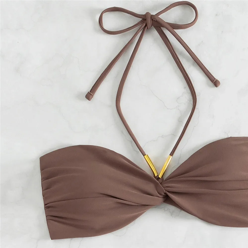 Brown String Halter Bikini Set – Sexy Micro Thong Swimsuit for Women, 2025 Beachwear