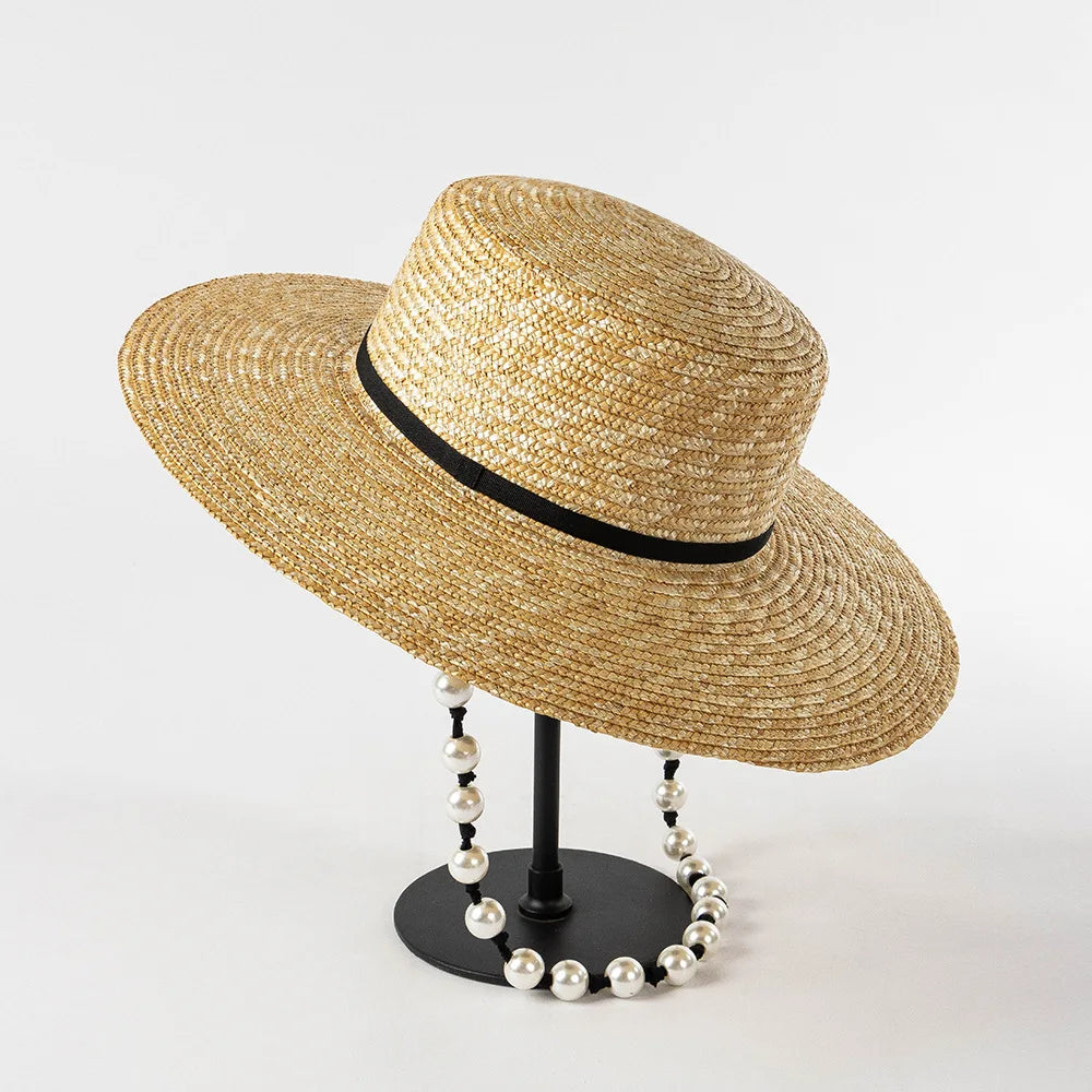SphereGoods Pearl Tie Wide Brim Straw Fedora Hat