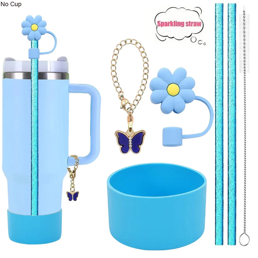 6PCS Stanley Tumbler Accessories – Bow Straw Covers, Sparkling Straw, Boot & Charms