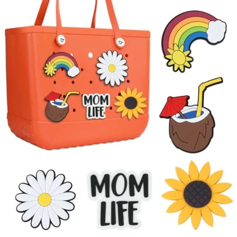 8PCS Cute Beach Bag Charms – Colorful PVC Buckles & Cartoon DIY Pins