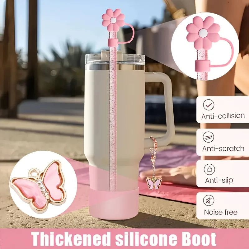 6PCS Stanley Tumbler Accessories – Bow Straw Covers, Sparkling Straw, Boot & Charms