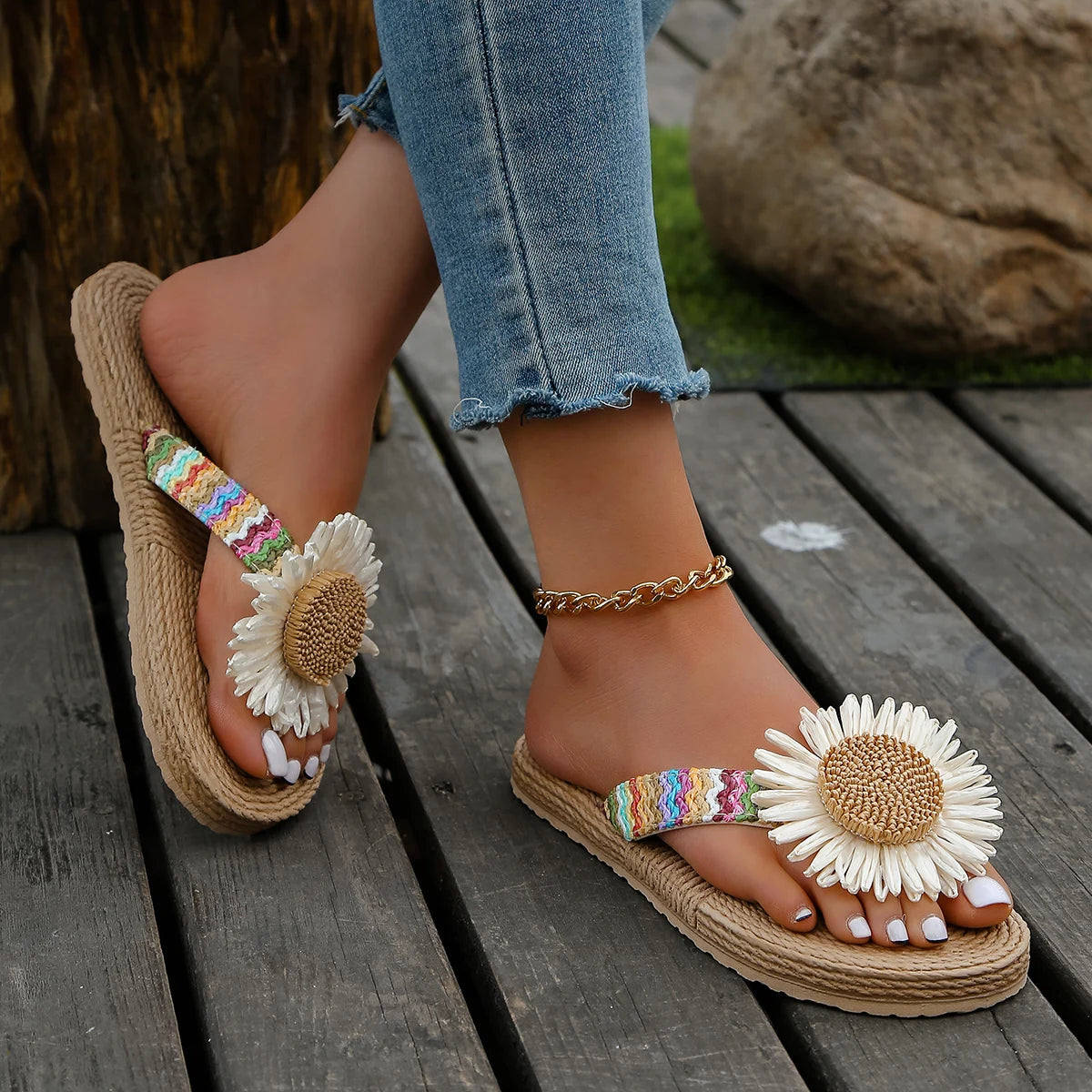 SphereGoods Linen Sunflower Flip-Flops