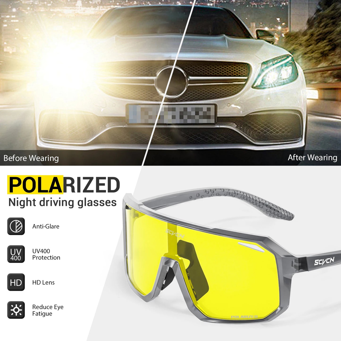 SCVCN Yellow Polarized Cycling Sunglasses – UV400 Sports Eyewear for Men & Women