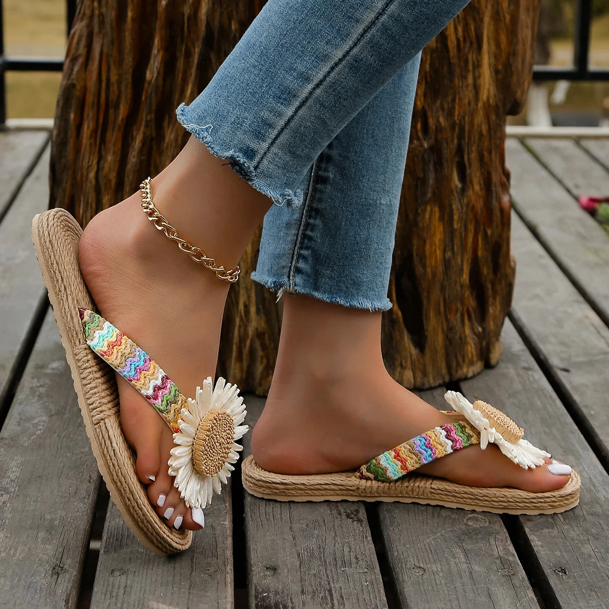 SphereGoods Linen Sunflower Flip-Flops