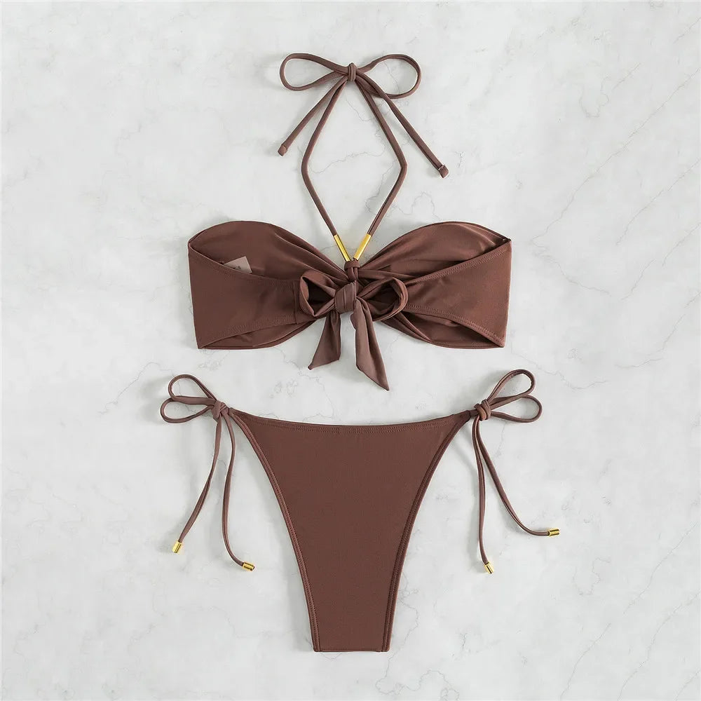 Brown String Halter Bikini Set – Sexy Micro Thong Swimsuit for Women, 2025 Beachwear