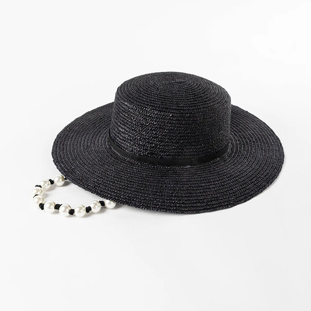 SphereGoods Pearl Tie Wide Brim Straw Fedora Hat