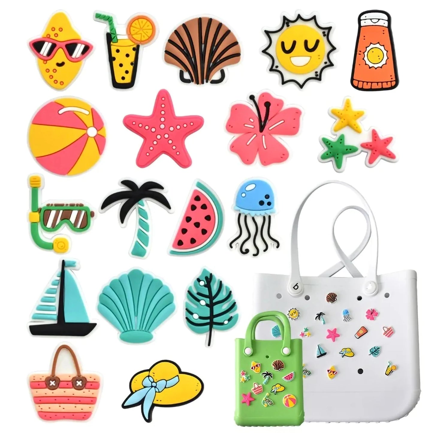 18PCS Summer Bag Charms – Random Rubber Buckles for Beach Totes