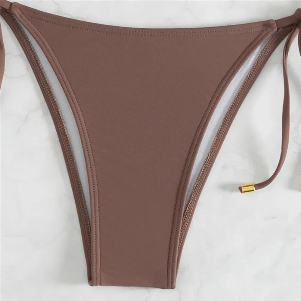 Brown String Halter Bikini Set – Sexy Micro Thong Swimsuit for Women, 2025 Beachwear