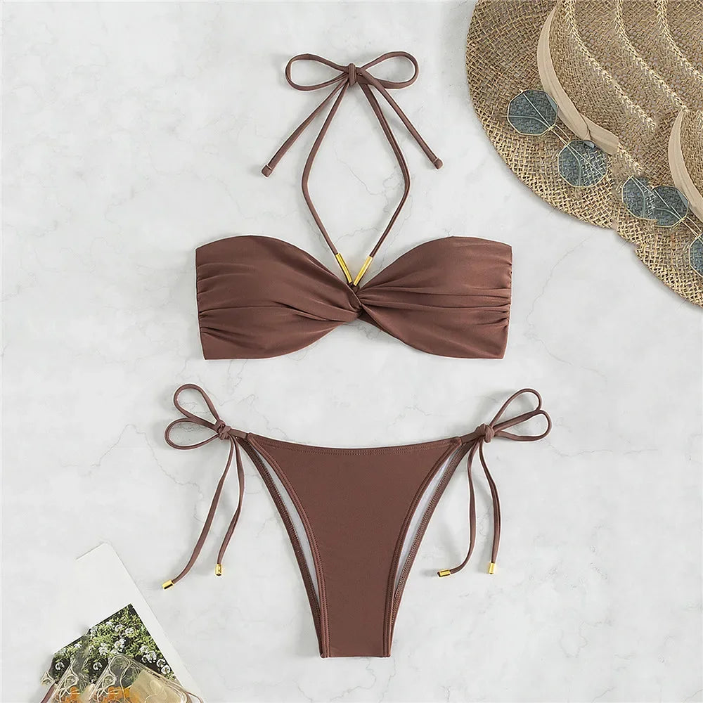 Brown String Halter Bikini Set – Sexy Micro Thong Swimsuit for Women, 2025 Beachwear