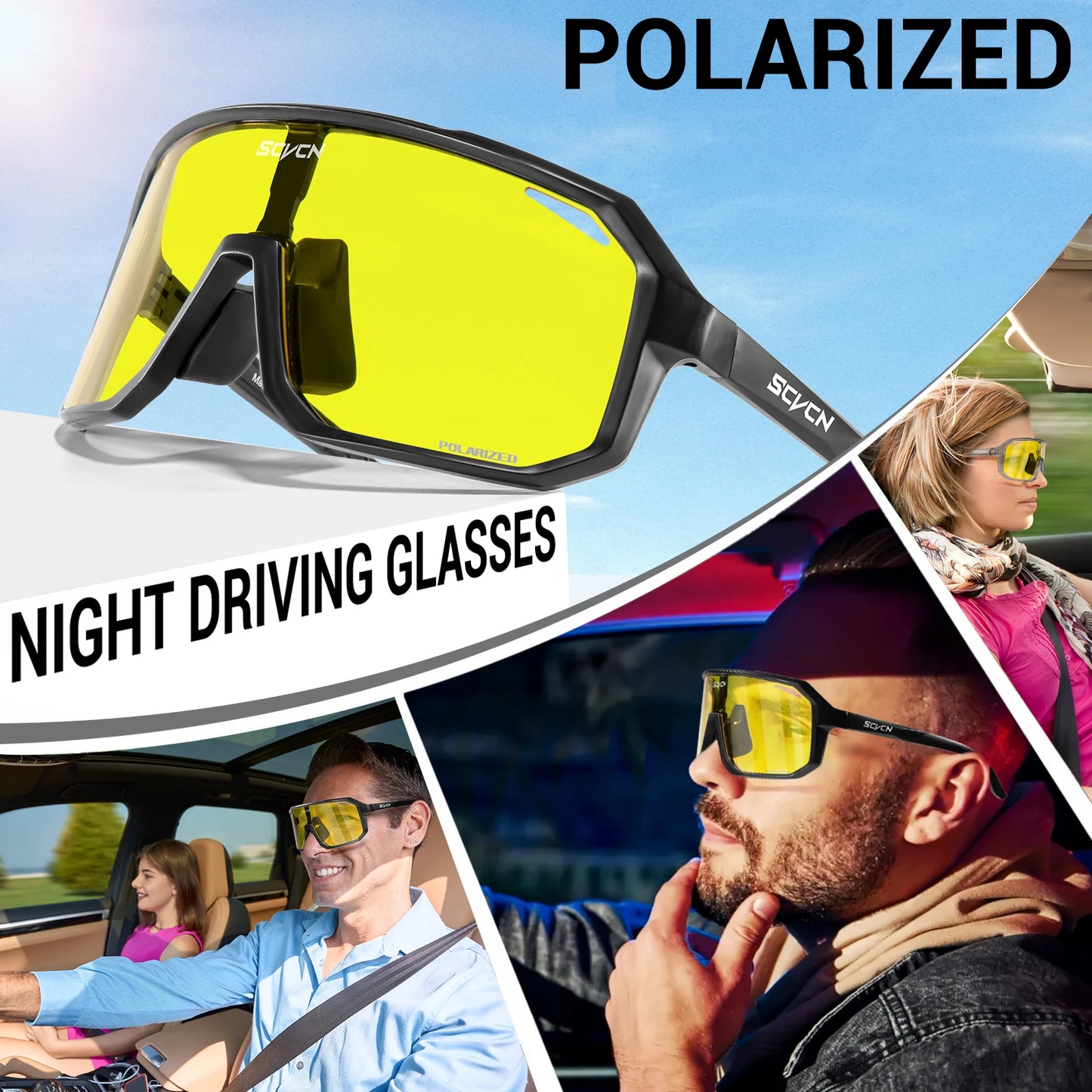 SCVCN Yellow Polarized Cycling Sunglasses – UV400 Sports Eyewear for Men & Women