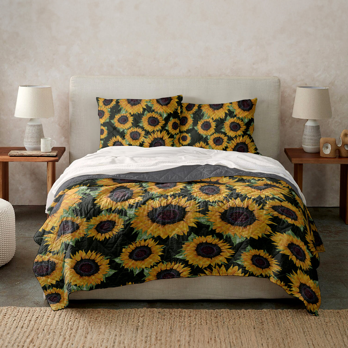 Spheregoods Quilt 3-Piece Set Sunflower Checkered pattern fabric