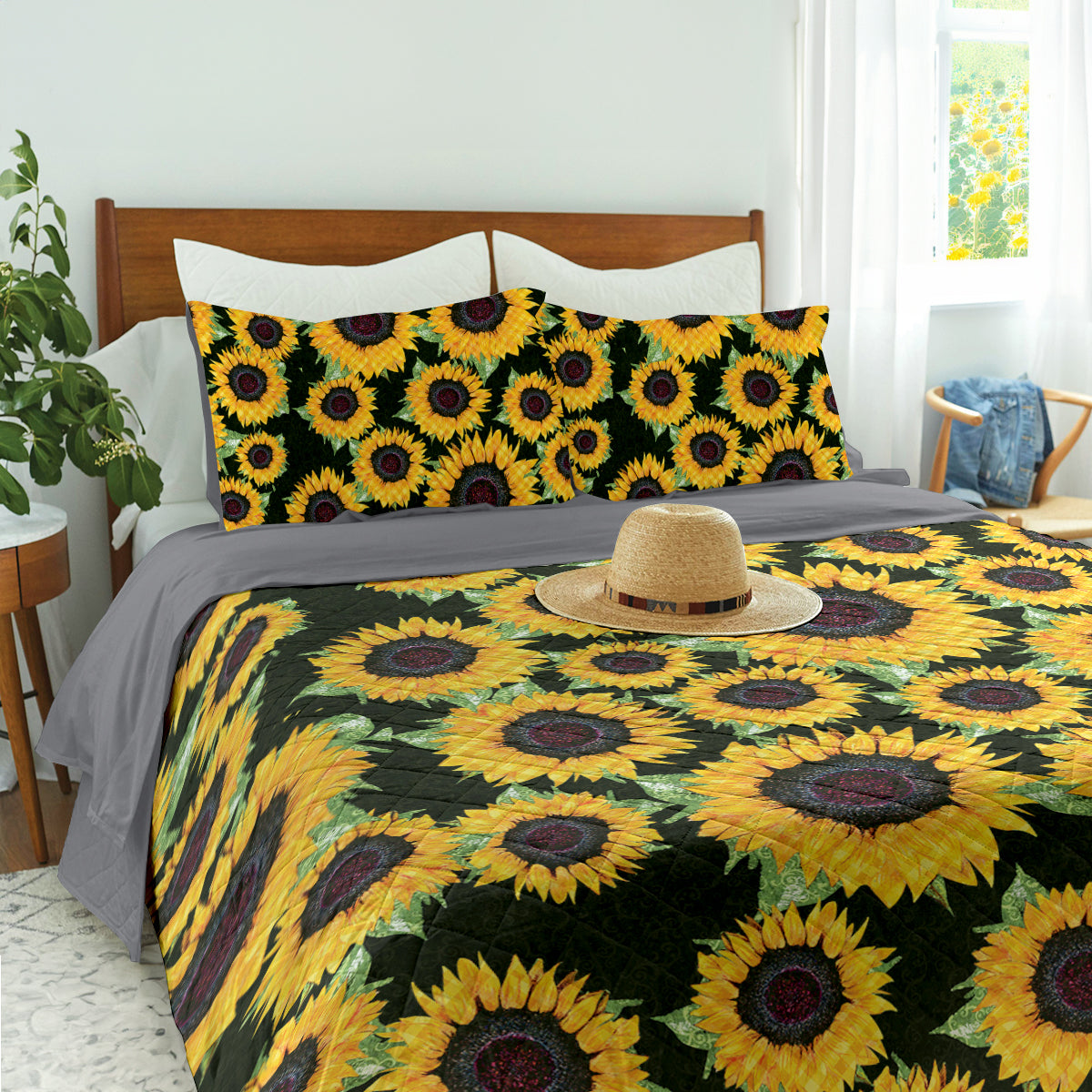 Spheregoods Quilt 3-Piece Set Sunflower Checkered pattern fabric
