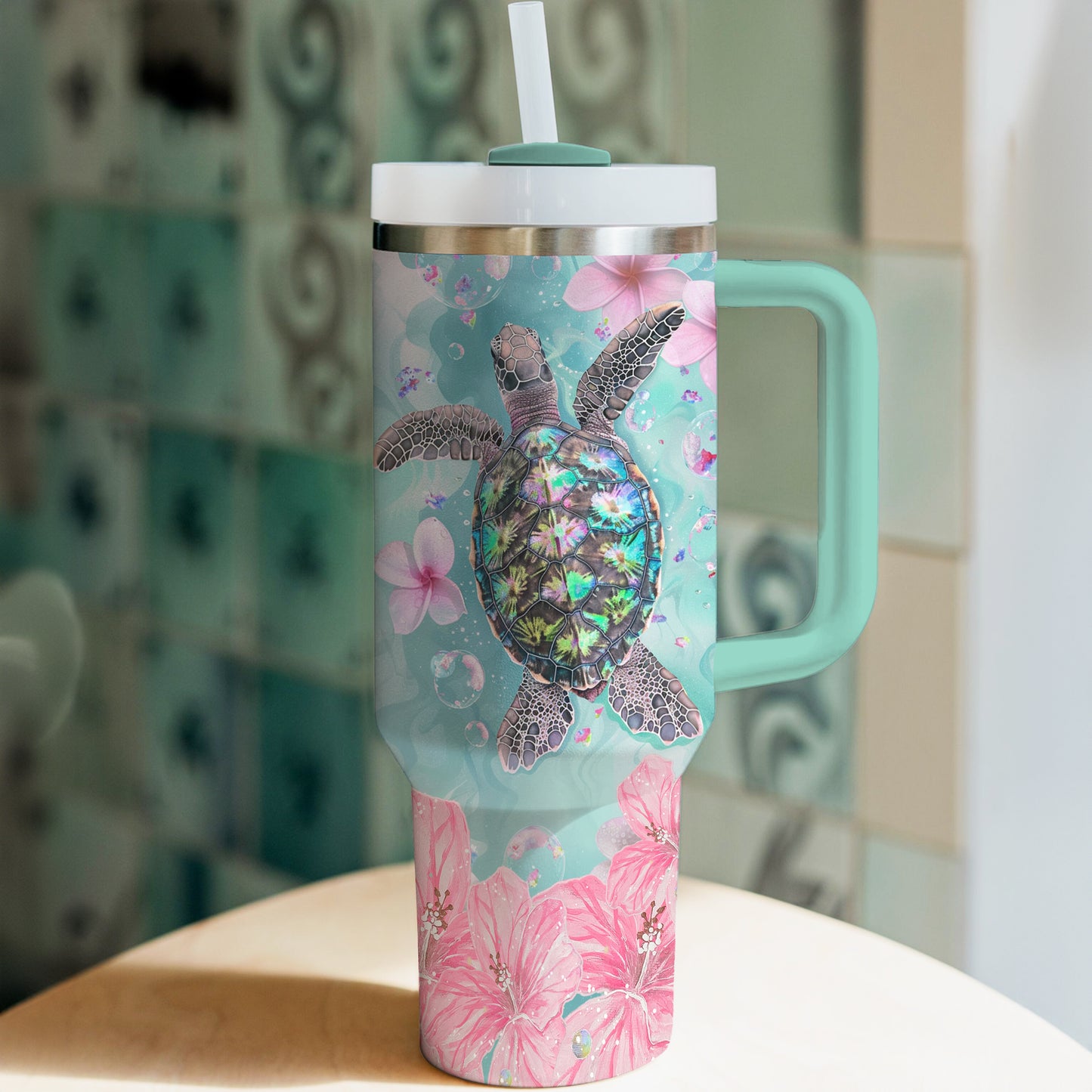 Spheregoods Tumbler Sea Turtle Tropical Flowers