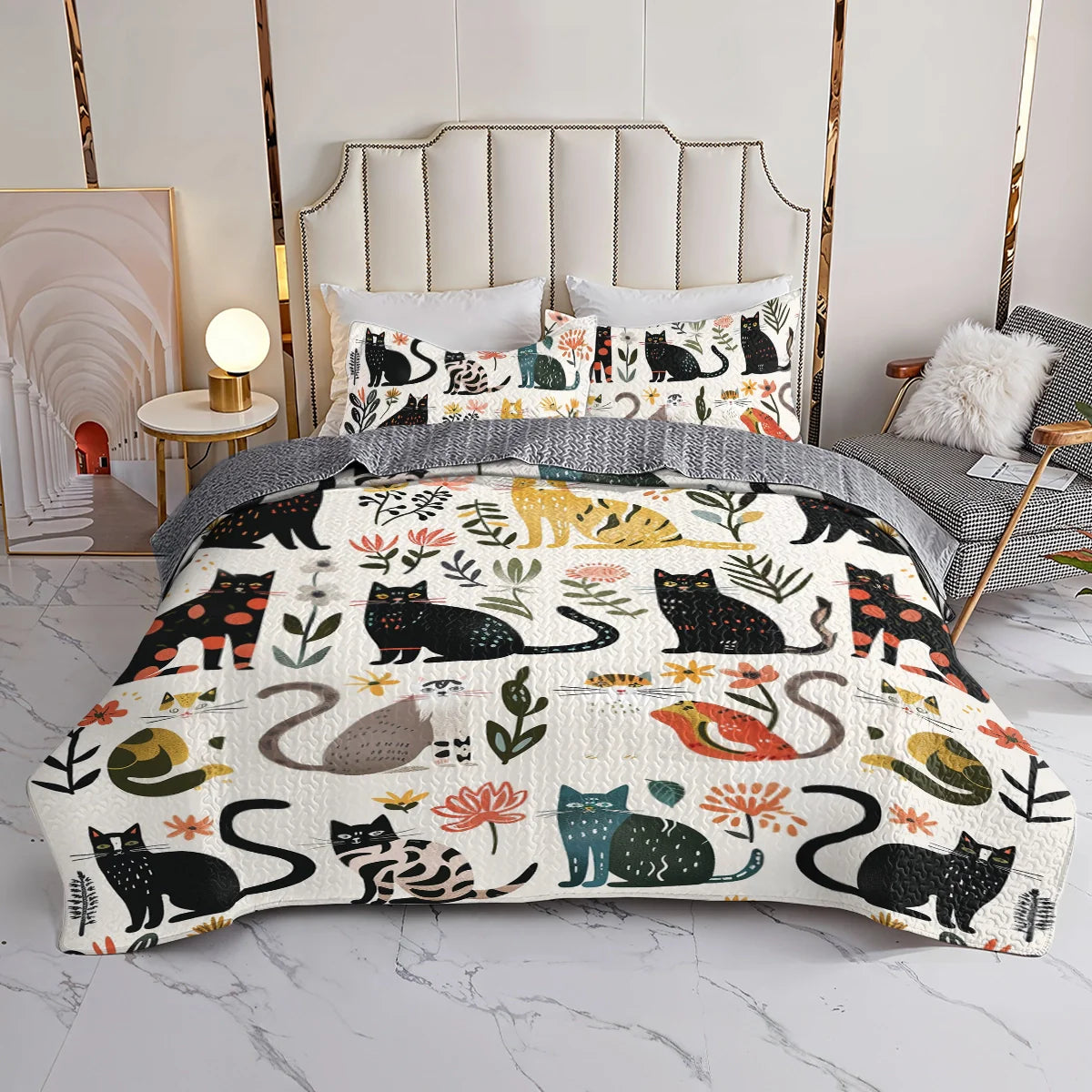 Spheregoods All Season Quilt 3-Piece Set Botanical Cat Bliss