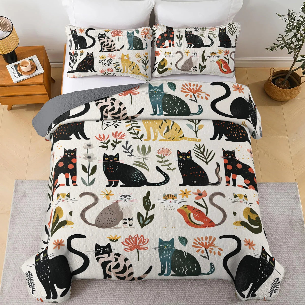 Spheregoods All Season Quilt 3-Piece Set Botanical Cat Bliss