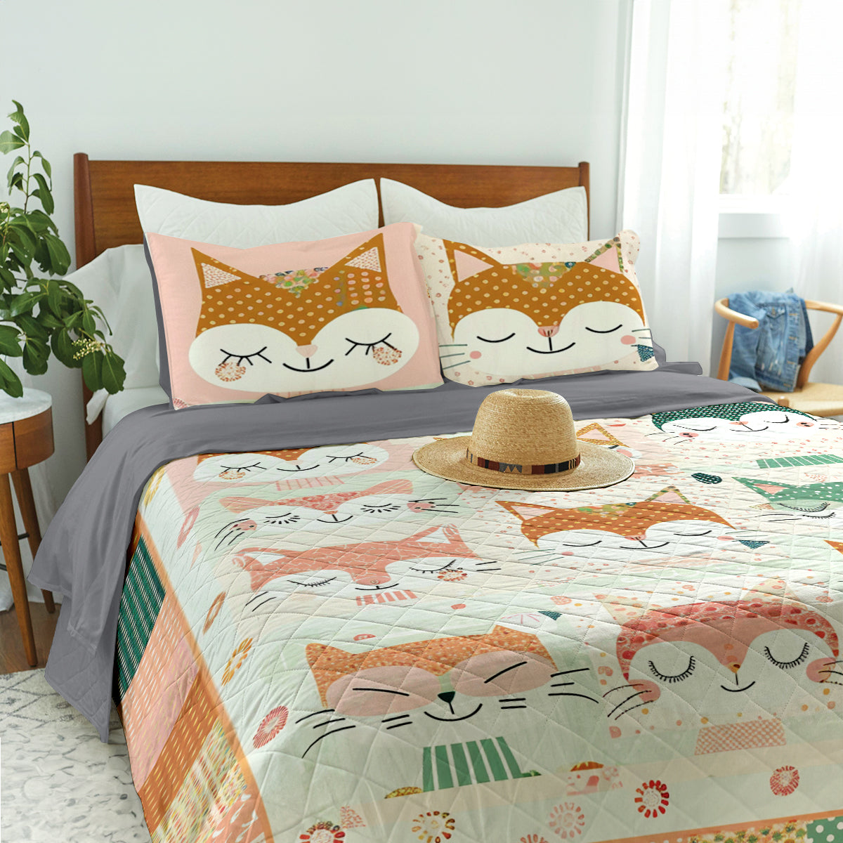 Spheregoods Quilt 3-Piece Set Cute Cat Cotton Fabric Pattern