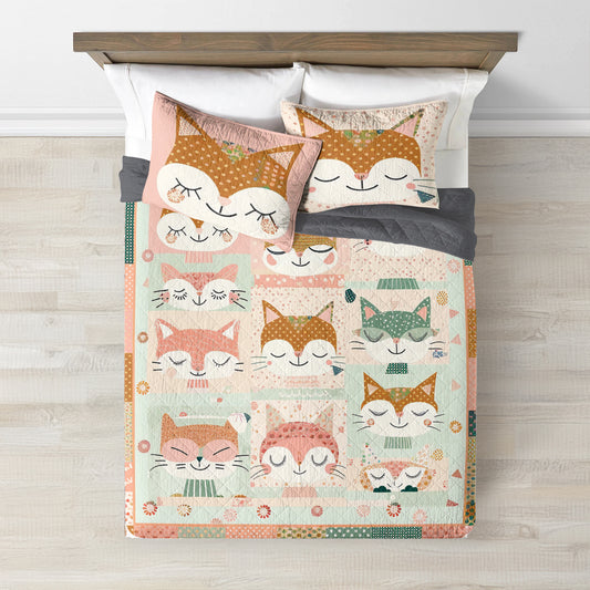 Spheregoods Quilt 3-Piece Set Cute Cat Cotton Fabric Pattern