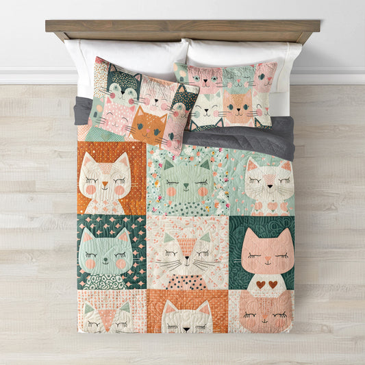 Spheregoods Quilt 3-Piece Set Happy Cat Cotton Fabric Pattern