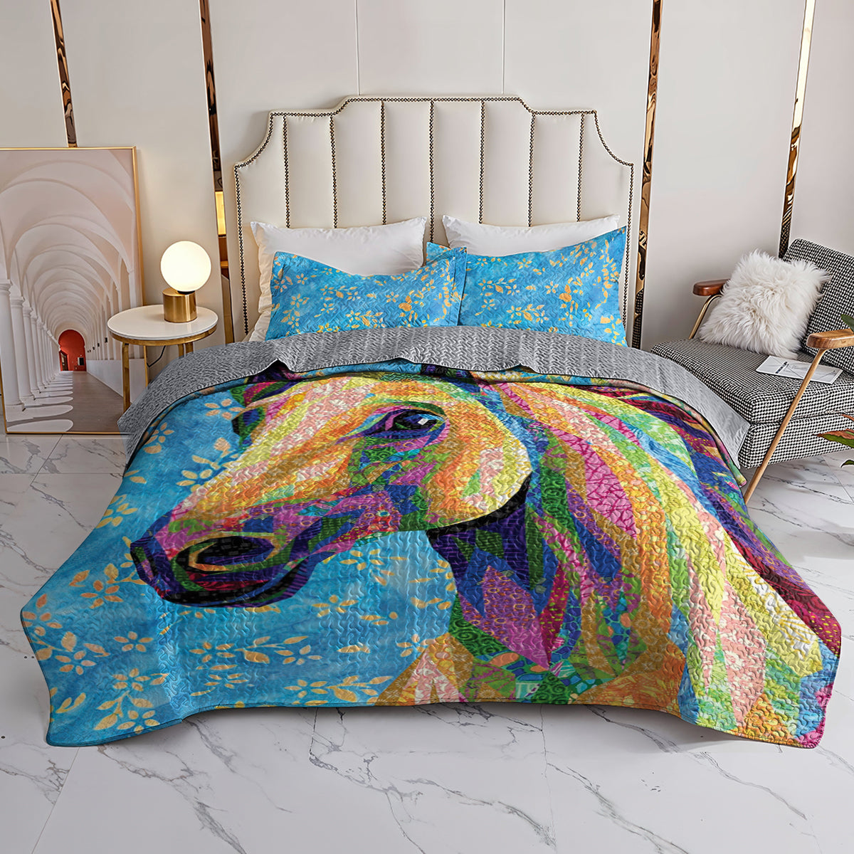 Spheregoods Quilt 3-Piece Lady horse flowers