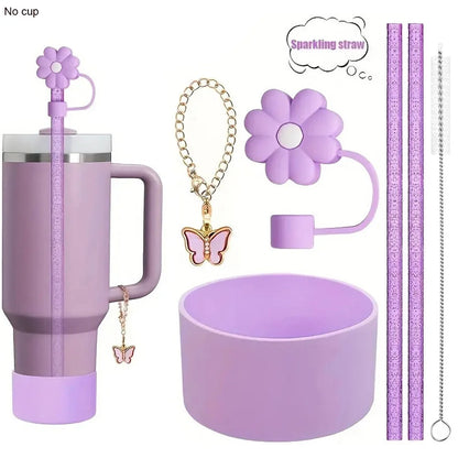 6PCS Stanley Tumbler Accessories – Bow Straw Covers, Sparkling Straw, Boot & Charms