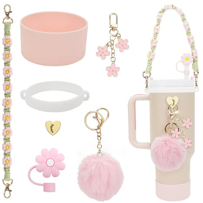 Handmade Straw Cap Case – Charm Chain, Initial Keychain & Handle for Tumbler