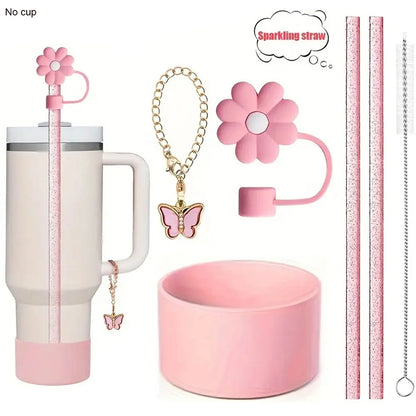 6PCS Stanley Tumbler Accessories – Bow Straw Covers, Sparkling Straw, Boot & Charms