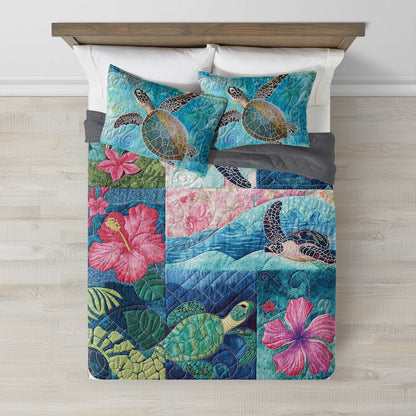 Spheregoods Quilt 3-Piece Set Sea Turtle Tropical Flower