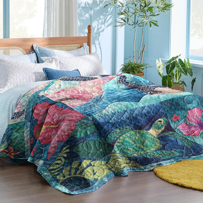 Spheregoods Quilt 3-Piece Set Sea Turtle Tropical Flower